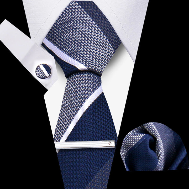 Tie For Men Business Luxury Fashion Necktie Navy Blue 4pcs Set Tie Clip Cufflinks Pocket Square Wedding Suit Accessories Gravata