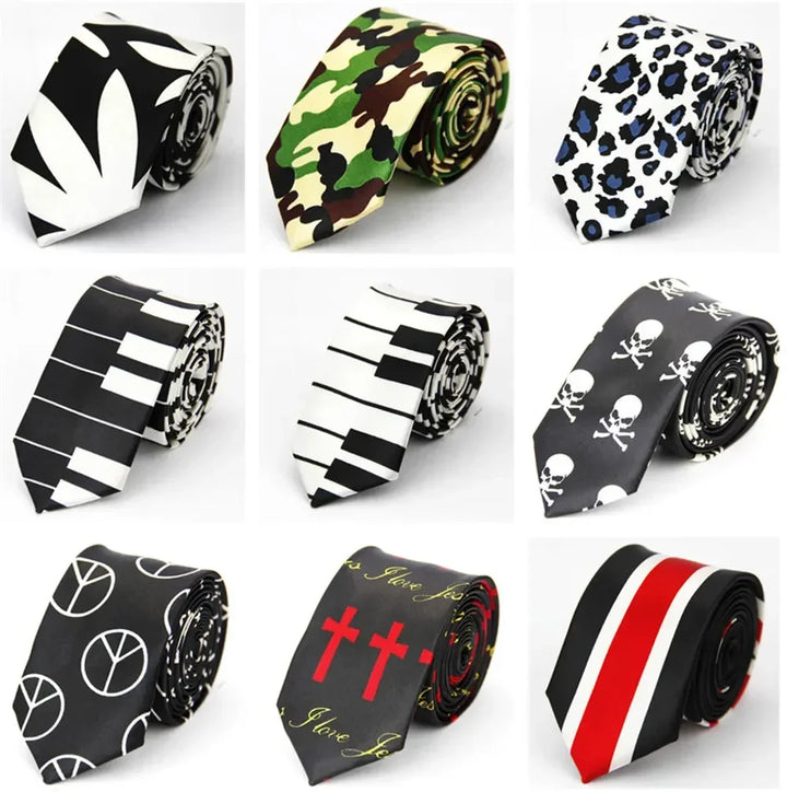 Narrow Tie for Men Women  5cm (2") Skinny Wedding Black Blue Red Pink White Purple Green Gray Piano Skull Print Slim Necktie