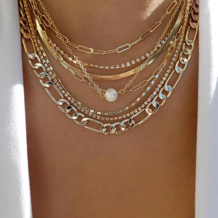 Gold Pendant Necklace Set – Trendy Boho Multi-Layer Crystal Jewelry for Women
