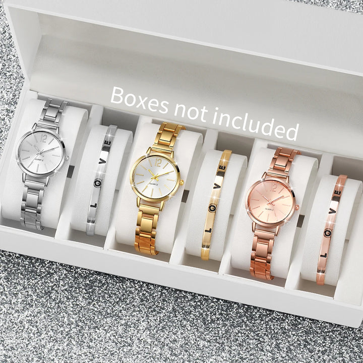 Chic Women’s Watch Set – Simple Quartz Steel Strap & Love Bracelet