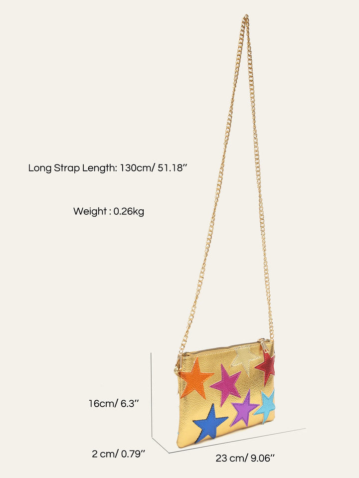 Fashion Women Metallic PU Leather Square Clutch Funky Stars Pattern Colorful Stripes Chain Shoulder Handbag Party Date Prom Gift