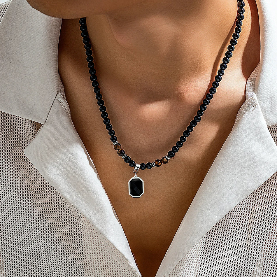 Black Tiger Stone Necklace – Stainless Steel Pendant Choker for Casual Men’s Jewelry