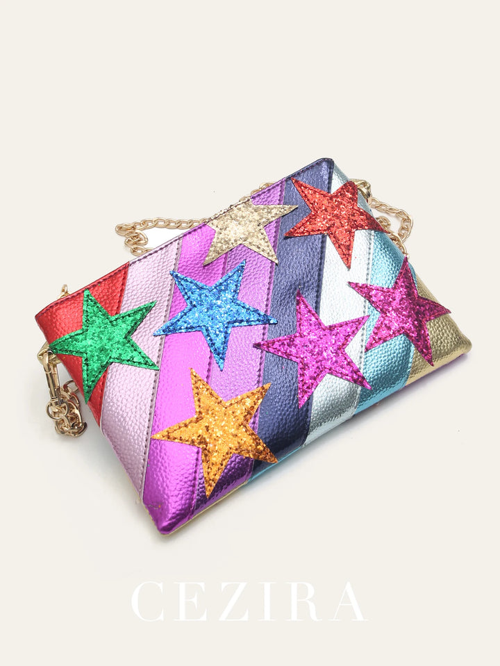 Fashion Women Metallic PU Leather Square Clutch Funky Stars Pattern Colorful Stripes Chain Shoulder Handbag Party Date Prom Gift