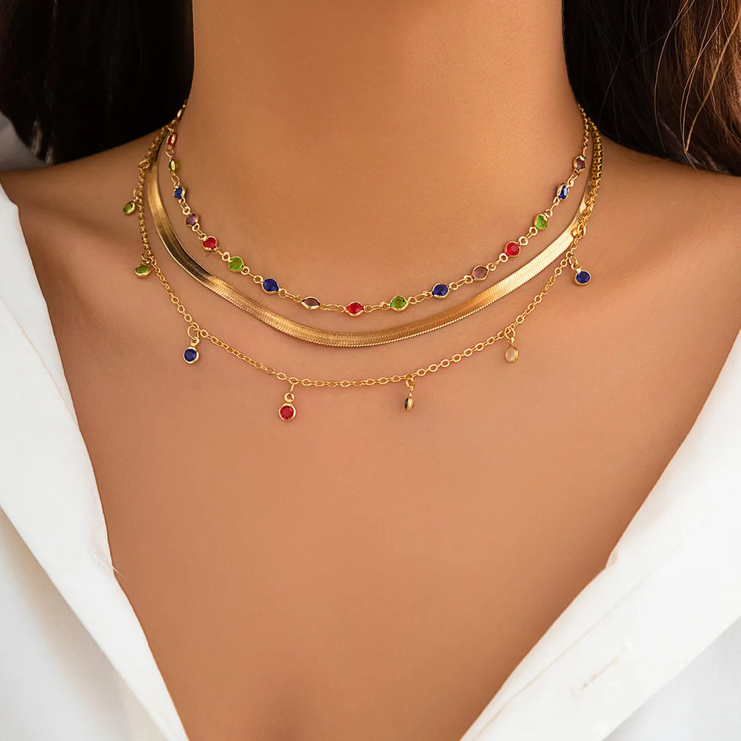 Gold Pendant Necklace Set – Trendy Boho Multi-Layer Crystal Jewelry for Women