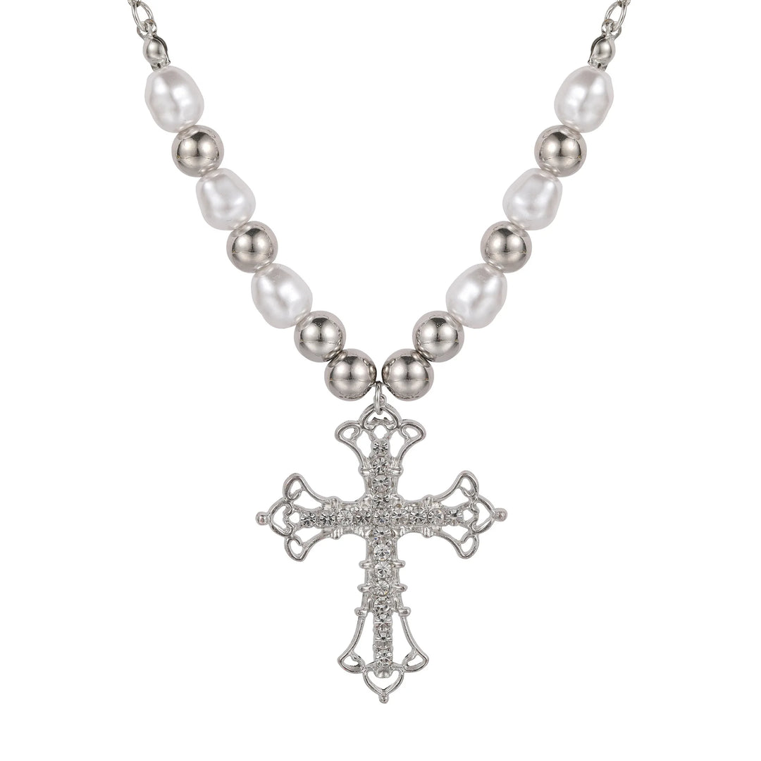 2023 Y2K Pearl Cross Pendant Necklace Hip Hop Retro Women Religious Zircon Chain Necklaces Girls Punk Party Trendy Jewelry Gifts
