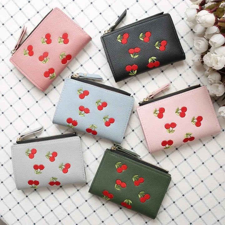 Cherry Blossom Clutch Wallet – Floral Embroidered PU with Buckle Design