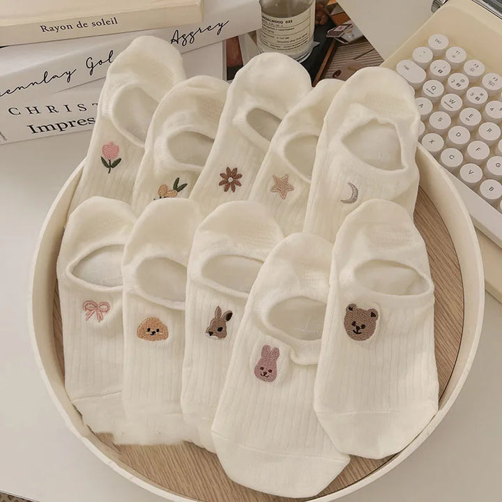 Socks Set 10 Pairs Toe Socks Women's Cotton Ankle Stockings Summer Breathable Versatile White Socks Cute Cartoon Pattern