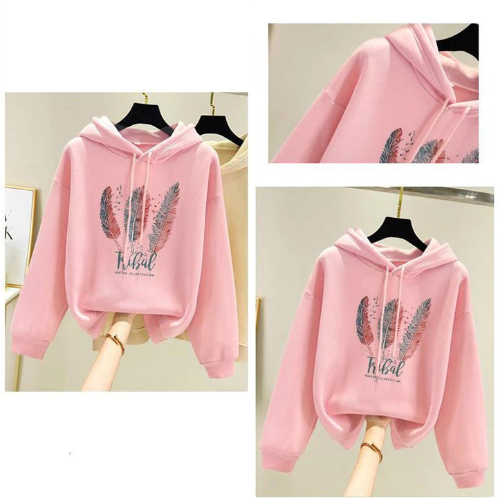 Feather Print Velvet Hoodie for Women