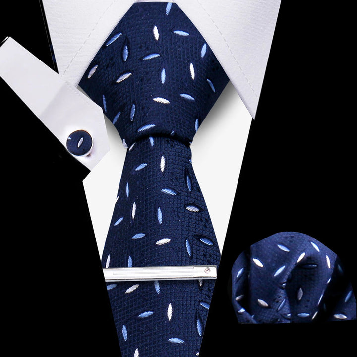 Tie For Men Business Luxury Fashion Necktie Navy Blue 4pcs Set Tie Clip Cufflinks Pocket Square Wedding Suit Accessories Gravata