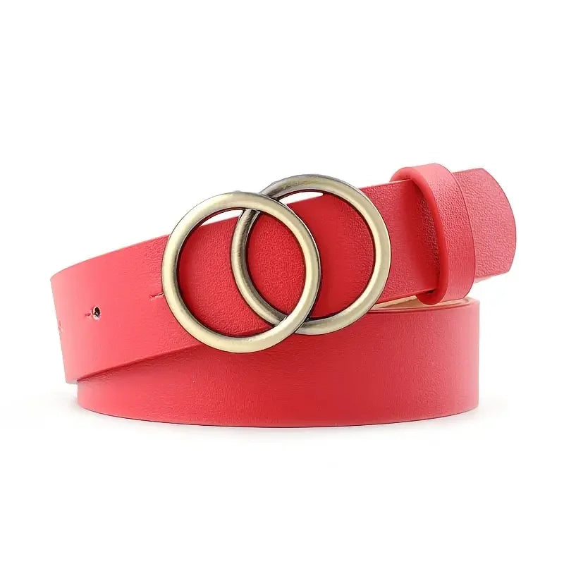 Women Belts For Jeans Waist Faux Leather Belt For Dress Ladies Belts For Pants With Fashion Double Golden O Ring Buckle