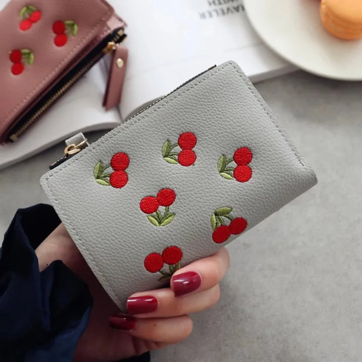 Cherry Blossom Clutch Wallet – Floral Embroidered PU with Buckle Design