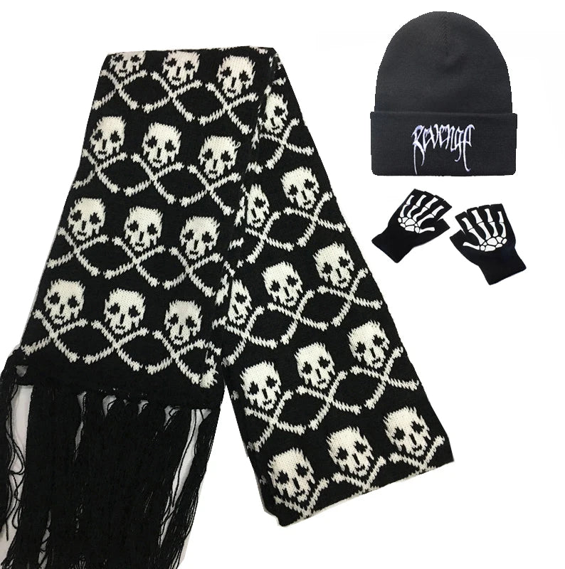 Skull Pattern Scarf – Unisex Knitted Wrap with Skeleton Design