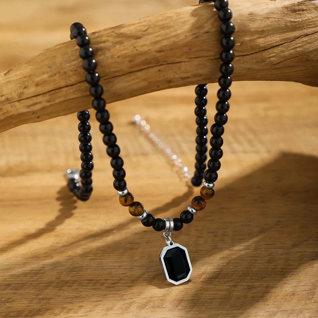 Black Tiger Stone Necklace – Stainless Steel Pendant Choker for Casual Men’s Jewelry