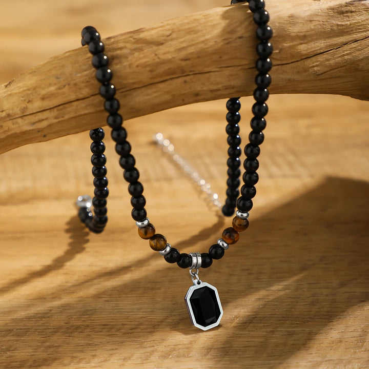 Black Tiger Stone Necklace – Stainless Steel Pendant Choker for Casual Men’s Jewelry