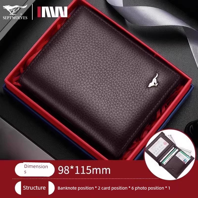 SEPTWOLVES Men Genuine Leather Genuine Goods Short One-Piece Wallet