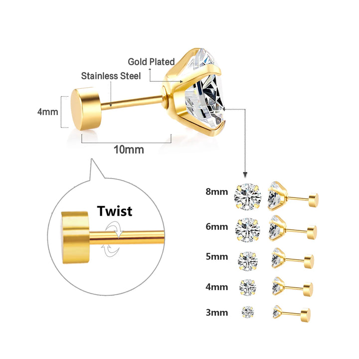 LUXUSTEEL 1 Pairs Shiny Crystal Zircon Stud Earrings For Women Men Round Beads Screw Back Needle CZ Ear Stainless steel 3-8mm