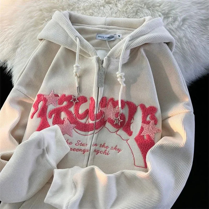 Embroidered Zip-Up Hoodie for Women