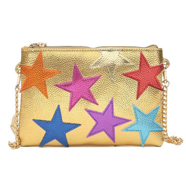 Fashion Women Metallic PU Leather Square Clutch Funky Stars Pattern Colorful Stripes Chain Shoulder Handbag Party Date Prom Gift