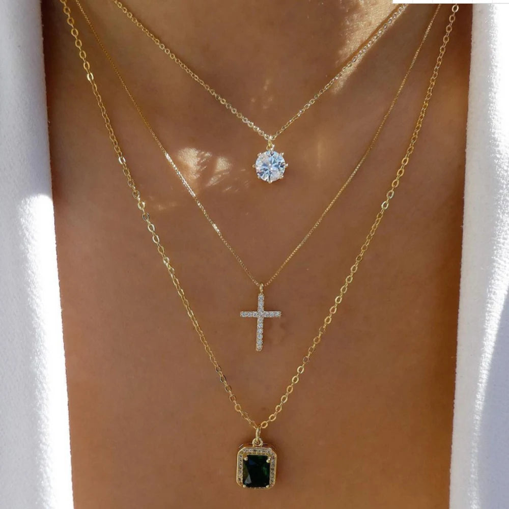 Gold Pendant Necklace Set – Trendy Boho Multi-Layer Crystal Jewelry for Women