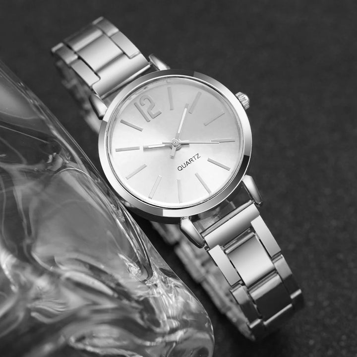 Chic Women’s Watch Set – Simple Quartz Steel Strap & Love Bracelet