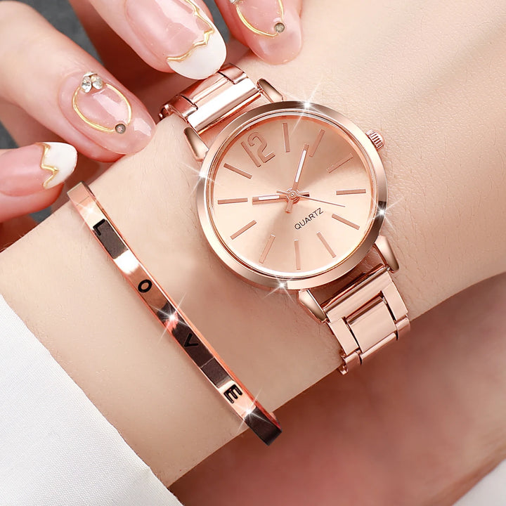 Chic Women’s Watch Set – Simple Quartz Steel Strap & Love Bracelet