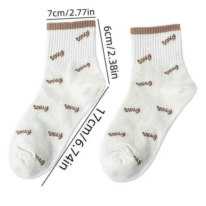 5 Pairs of Vibrant Smiling Face Stripe Patterned Socks - Ultra Soft, Breathable, and Comfortable Mid Calf Sports Socks for Women
