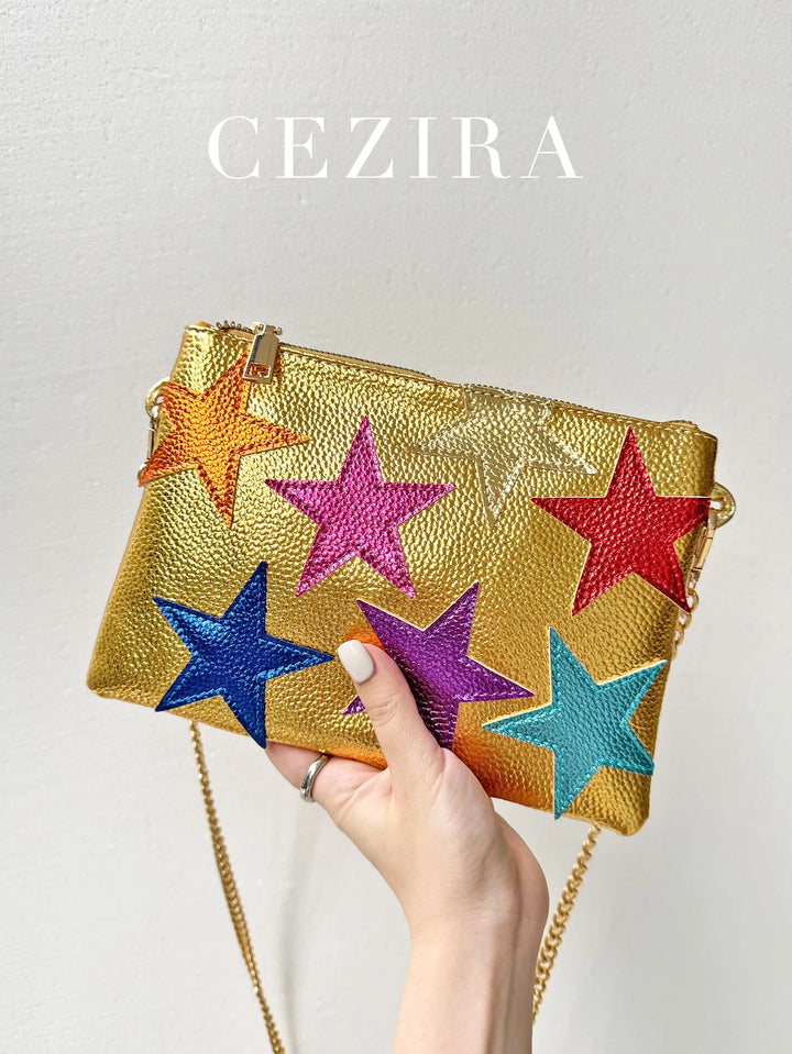 Fashion Women Metallic PU Leather Square Clutch Funky Stars Pattern Colorful Stripes Chain Shoulder Handbag Party Date Prom Gift
