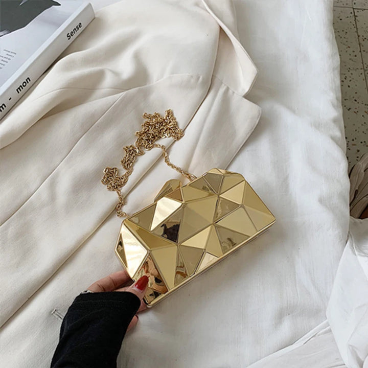 Aurora Gold Box Clutch – Geometric Mini Purse for Evening Glam