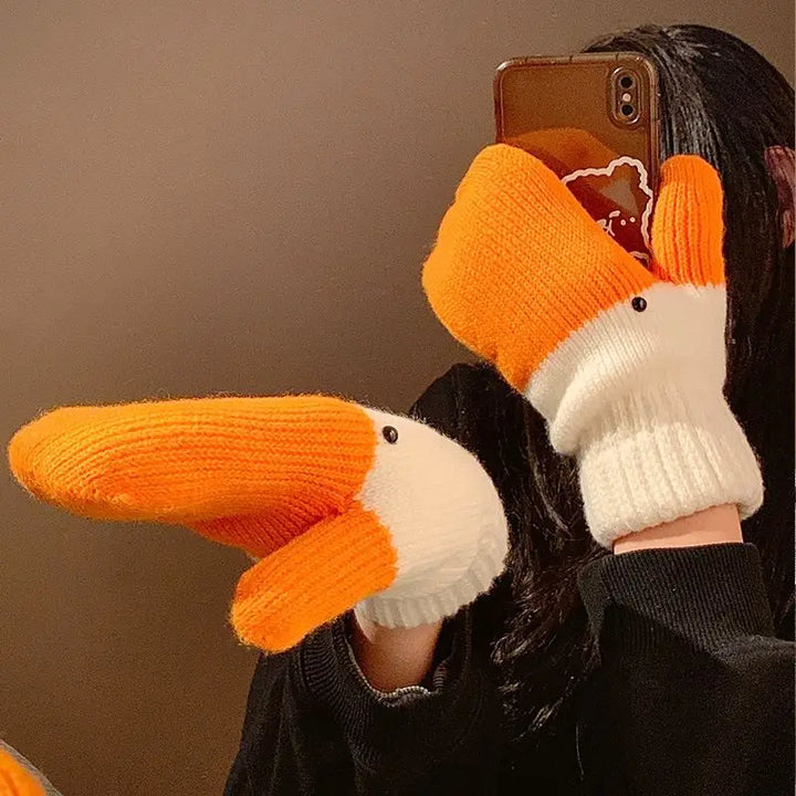 Creative Quirky Gloves Big Goose Woolen Gloves with Fingers Women's Winter Warm Plush Thick Anti Cold Gloves Cute Couple