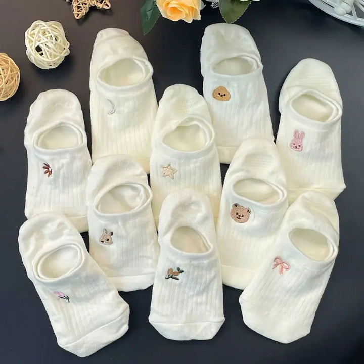 Socks Set 10 Pairs Toe Socks Women's Cotton Ankle Stockings Summer Breathable Versatile White Socks Cute Cartoon Pattern