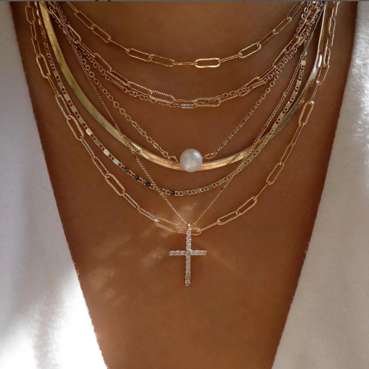 Gold Pendant Necklace Set – Trendy Boho Multi-Layer Crystal Jewelry for Women