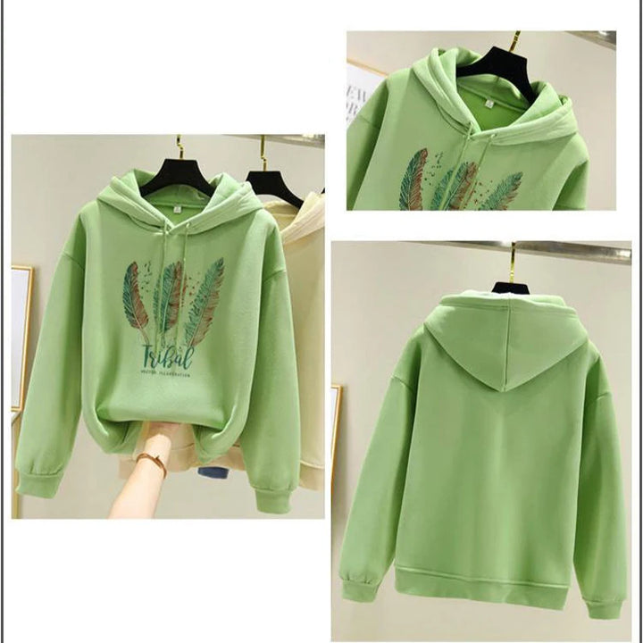 Feather Print Velvet Hoodie for Women