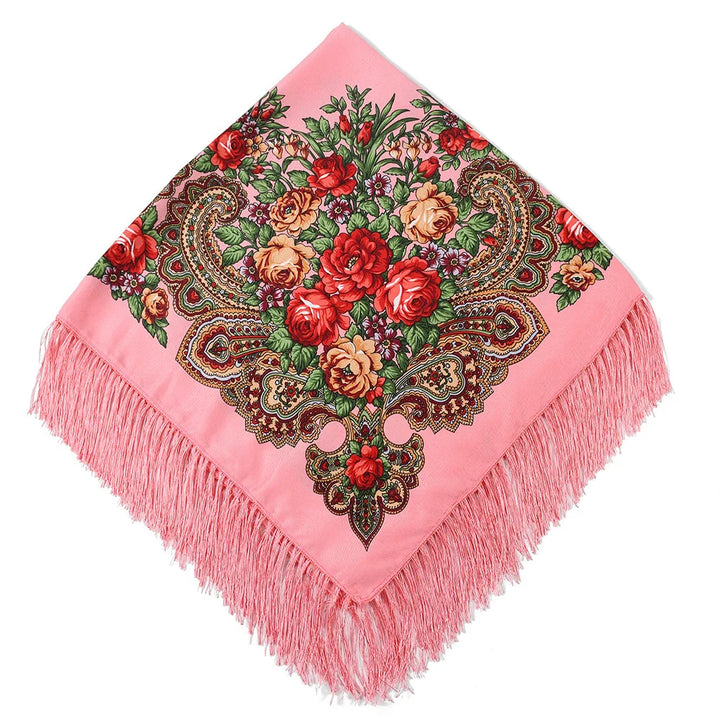 Russian Floral Head Wrap – Fringed Square Travel Shawl for Women