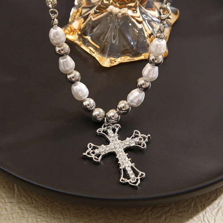 2023 Y2K Pearl Cross Pendant Necklace Hip Hop Retro Women Religious Zircon Chain Necklaces Girls Punk Party Trendy Jewelry Gifts