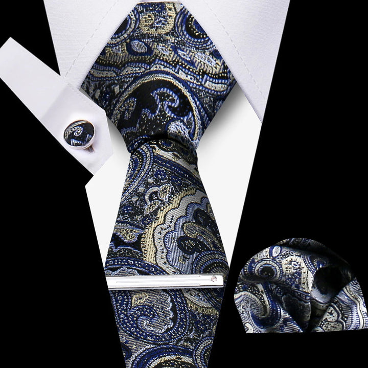 Tie For Men Business Luxury Fashion Necktie Navy Blue 4pcs Set Tie Clip Cufflinks Pocket Square Wedding Suit Accessories Gravata