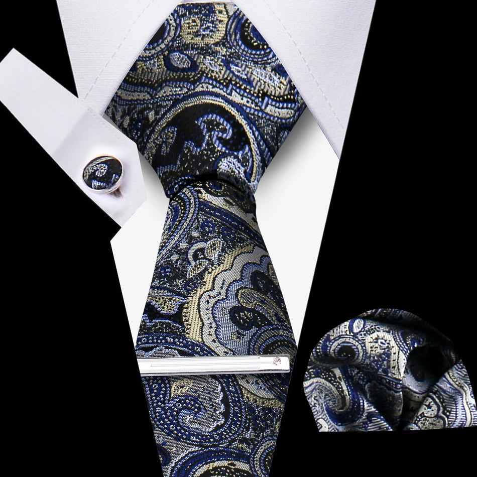 Men's Navy Blue Tie Set – 4pcs Wedding & Business Kit