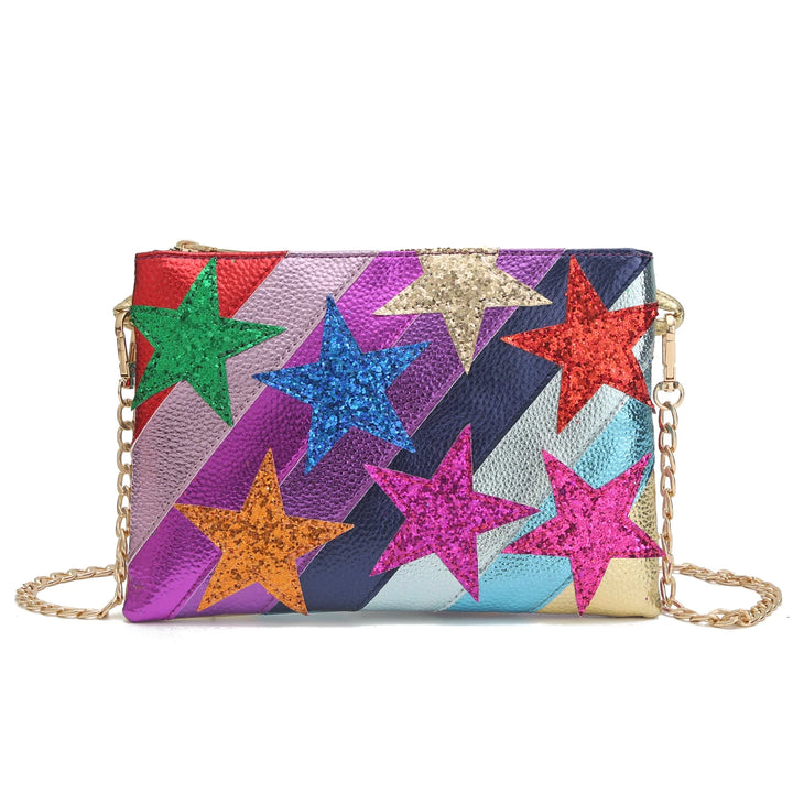 Fashion Women Metallic PU Leather Square Clutch Funky Stars Pattern Colorful Stripes Chain Shoulder Handbag Party Date Prom Gift