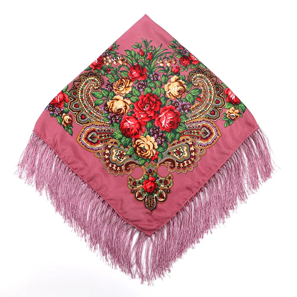 Russian Floral Head Wrap – Fringed Square Travel Shawl for Women