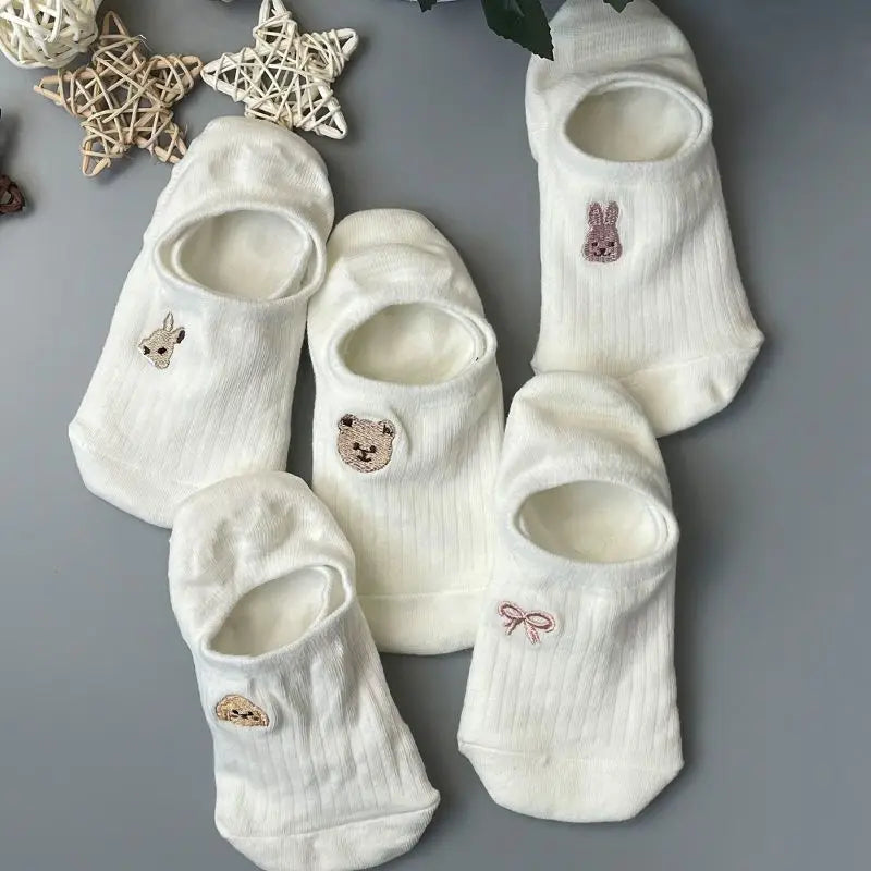 Socks Set 10 Pairs Toe Socks Women's Cotton Ankle Stockings Summer Breathable Versatile White Socks Cute Cartoon Pattern