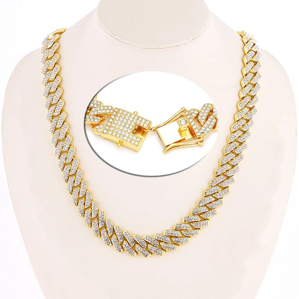 Frosted 15MM Cuban Chain Necklace – Rhinestone Hip Hop Bling