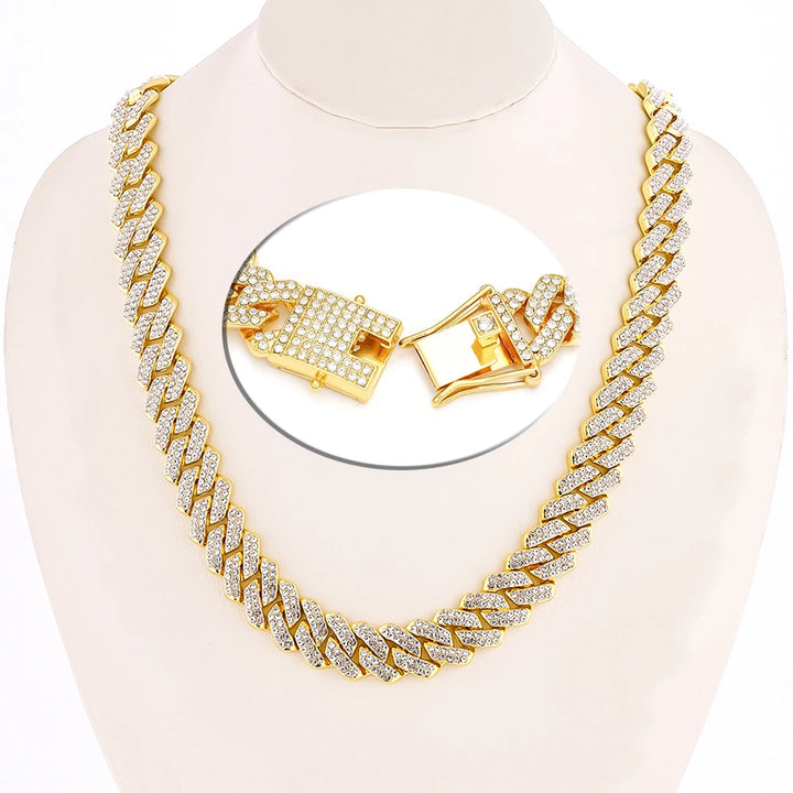 Frosted 15MM Cuban Chain Necklace – Rhinestone Hip Hop Bling