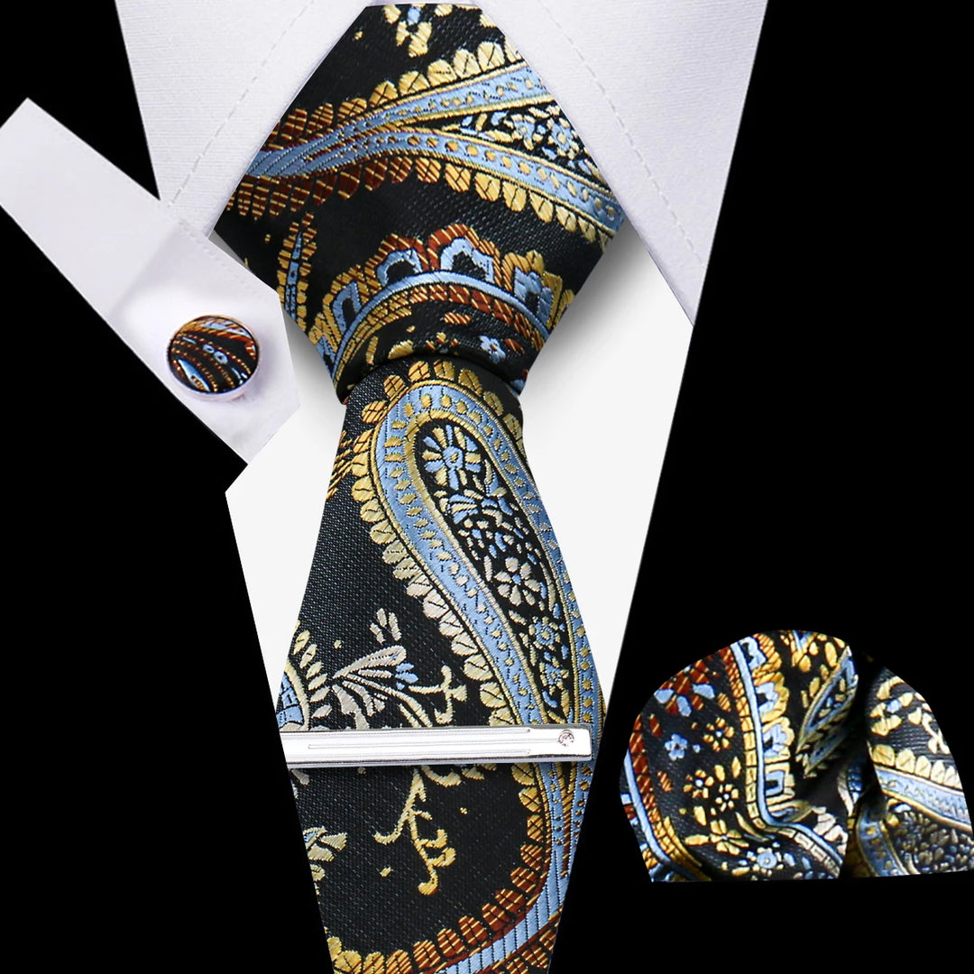 Tie For Men Business Luxury Fashion Necktie Navy Blue 4pcs Set Tie Clip Cufflinks Pocket Square Wedding Suit Accessories Gravata