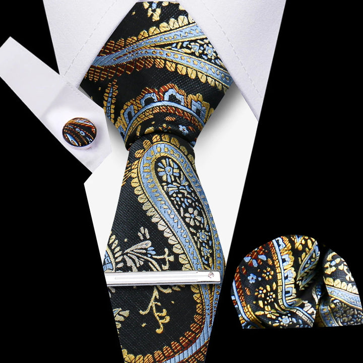 Tie For Men Business Luxury Fashion Necktie Navy Blue 4pcs Set Tie Clip Cufflinks Pocket Square Wedding Suit Accessories Gravata
