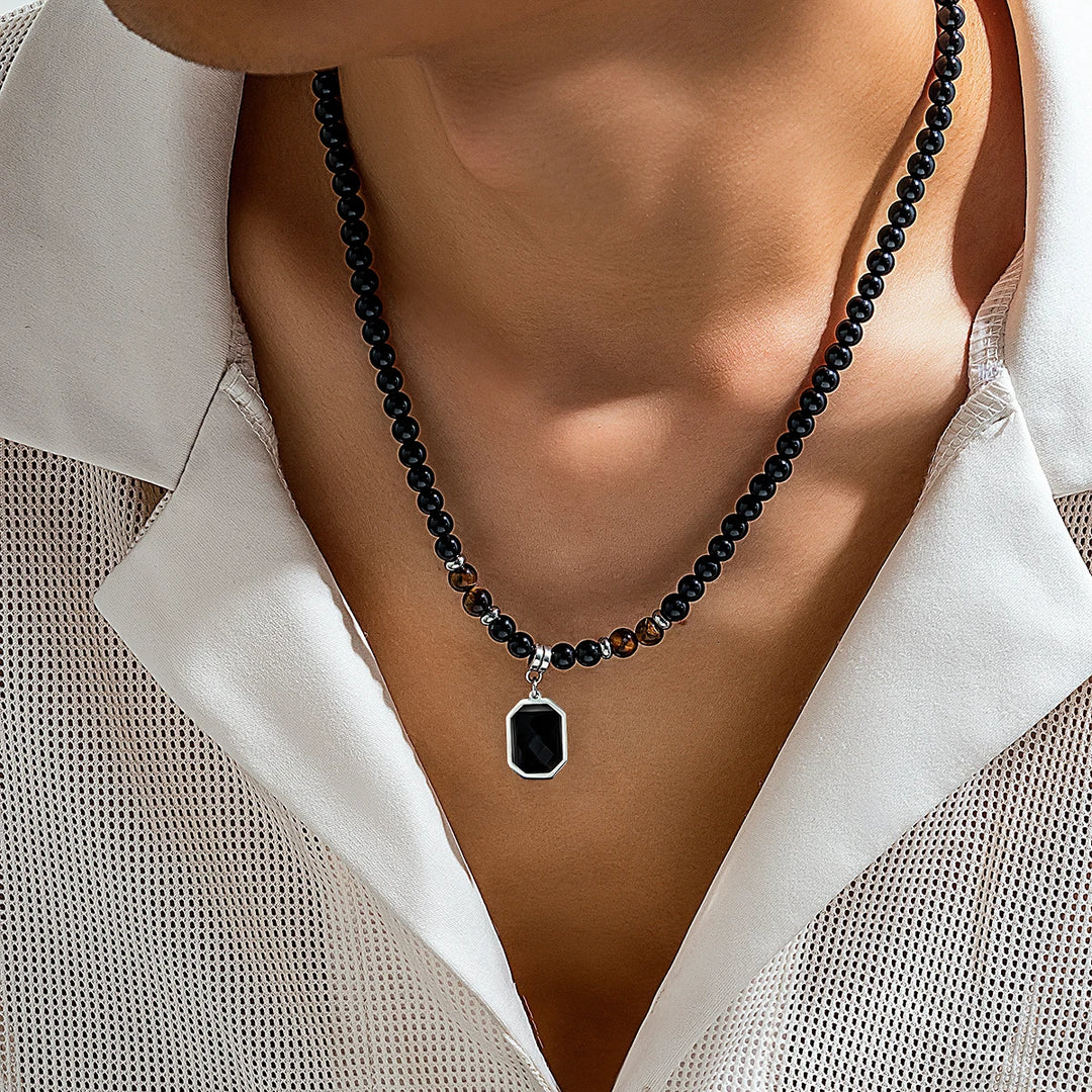 Black Tiger Stone Necklace – Stainless Steel Pendant Choker for Casual Men’s Jewelry