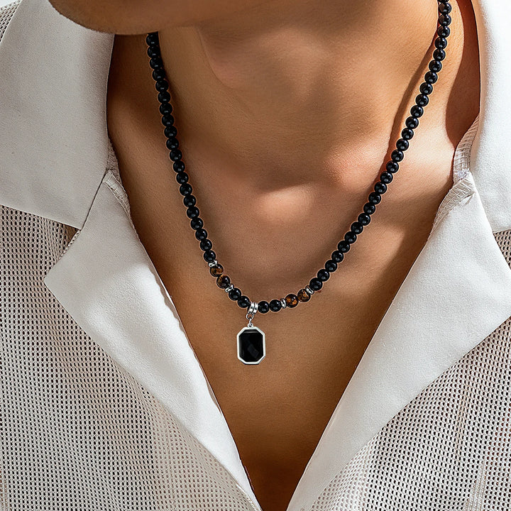 Black Tiger Stone Necklace – Stainless Steel Pendant Choker for Casual Men’s Jewelry