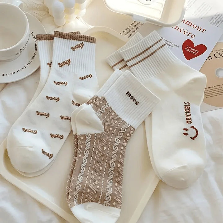 5 Pairs of Vibrant Smiling Face Stripe Patterned Socks - Ultra Soft, Breathable, and Comfortable Mid Calf Sports Socks for Women