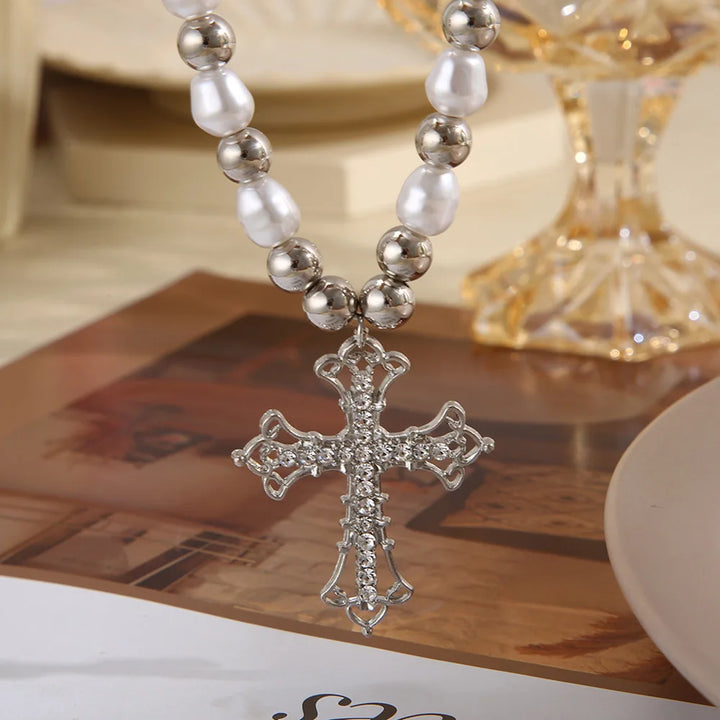 2023 Y2K Pearl Cross Pendant Necklace Hip Hop Retro Women Religious Zircon Chain Necklaces Girls Punk Party Trendy Jewelry Gifts