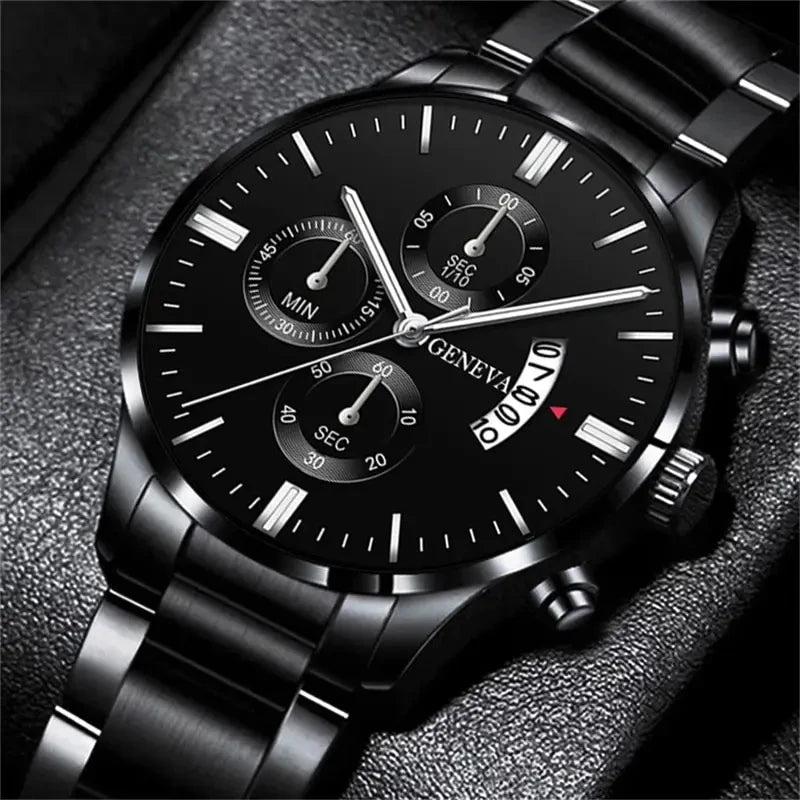 Luxury Men’s Watch – Black Stainless Steel Quartz Calendar Clock