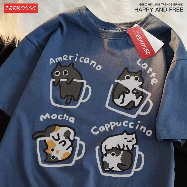 Mocha Cat Coffee Tee – Cute Summer Cotton Unisex Shirt