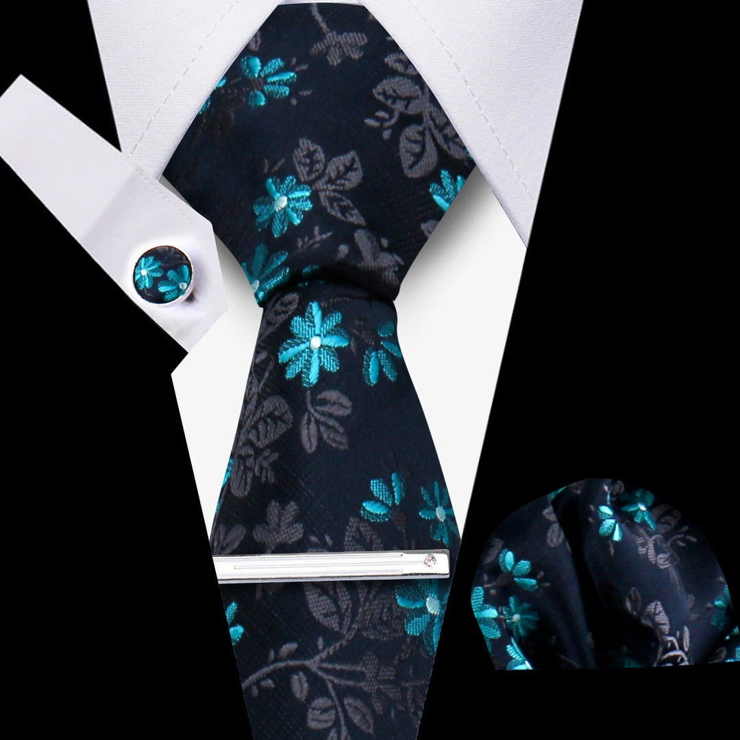 Tie For Men Business Luxury Fashion Necktie Navy Blue 4pcs Set Tie Clip Cufflinks Pocket Square Wedding Suit Accessories Gravata